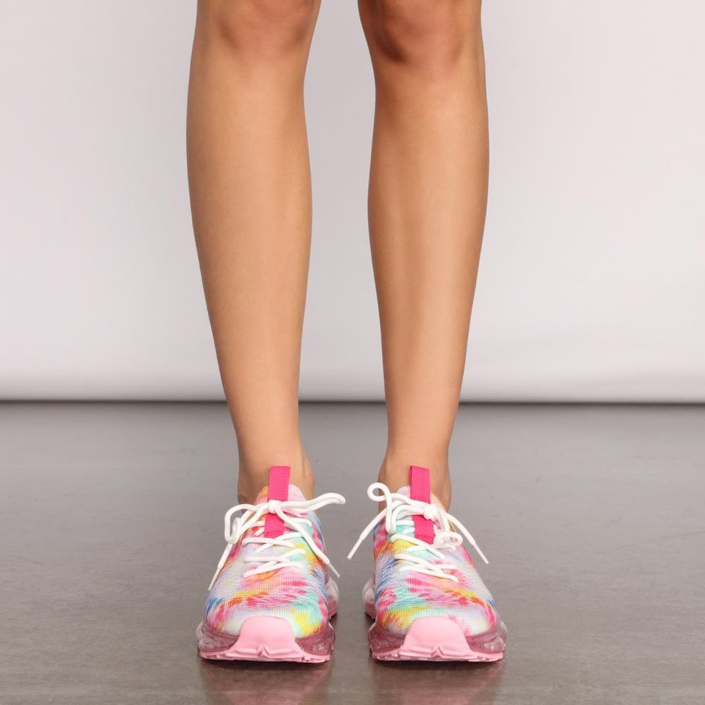 NEW🔥 Pink Multi Tie Dye Lace-Up Stretchy Bubble Air Cushioned Sneaker Slip-On - Picture 4 of 10